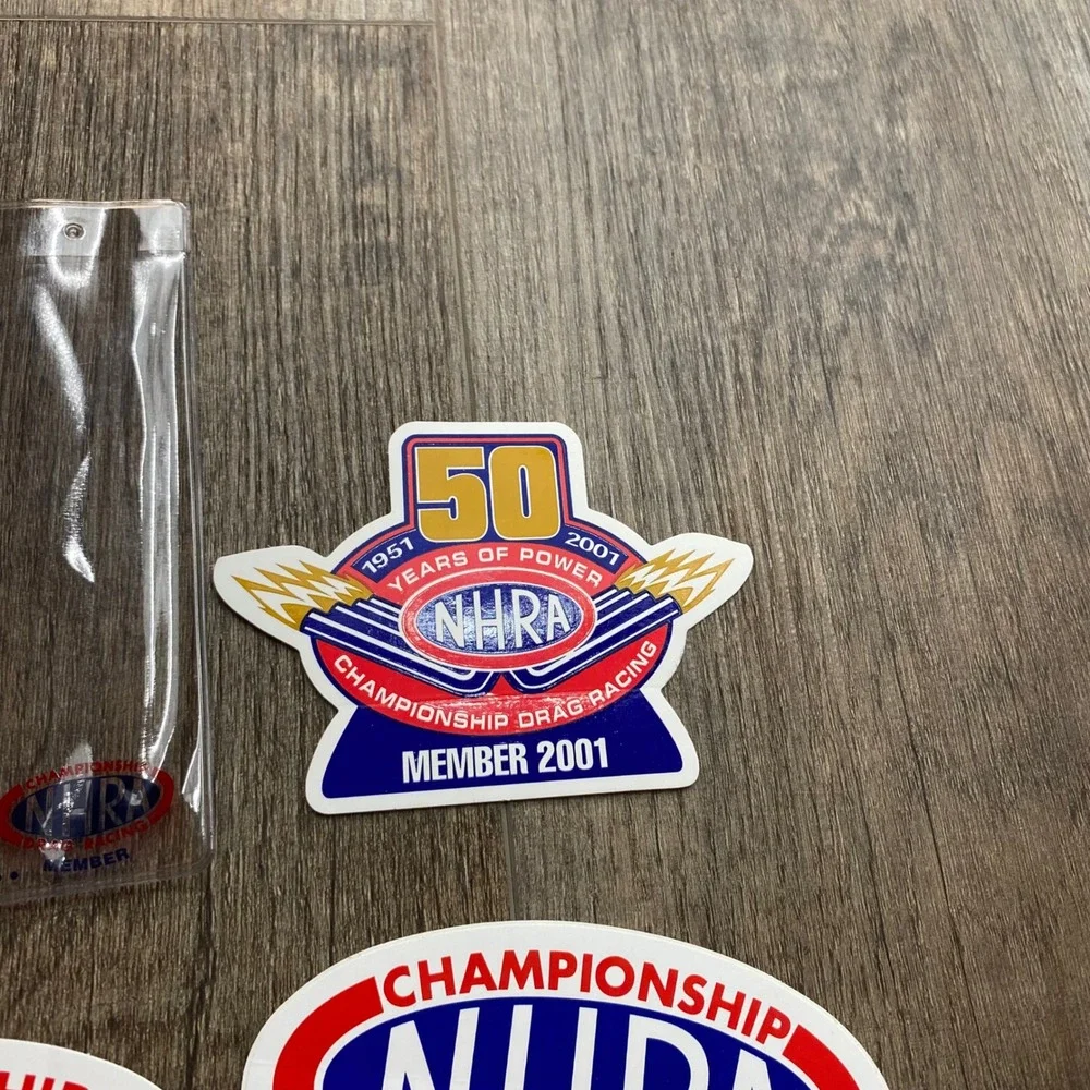Vintage NHRA Drag Racing Member Decals & National Dragster Badge Holders 6pc Lot